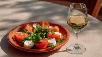 Fresh caprese salad with mozzarella, tomatoes, and glass of white wine on a sunny table
