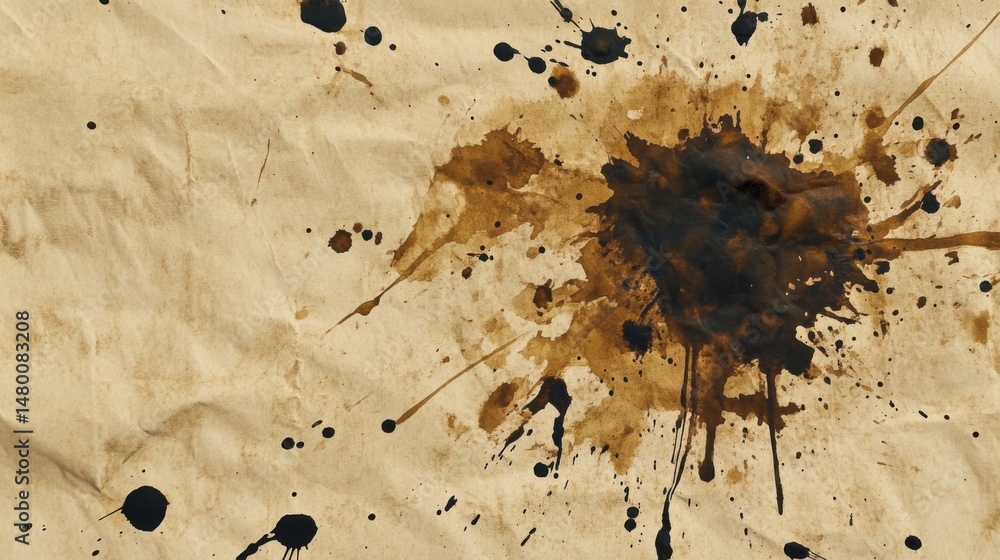 Poster coffee stain on crumpled paper overhead shot showing brown liquid spill and splatters creating abstr