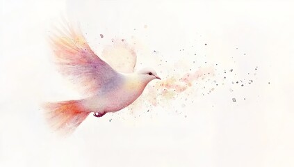 A delicate watercolor painting of an ethereal, pastel-colored dove in flight, with soft splashes and speckles on the white background, evoking feelings of peace and freedom. 