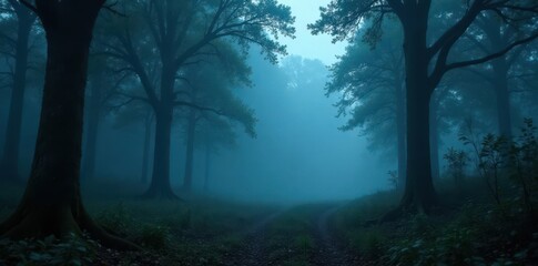Thick fog, looming shadows in a sinister forest , ominous, horror scene