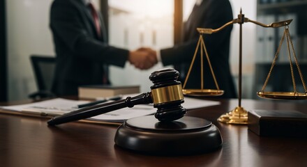 Lawyers shaking hands, gavel, scales of justice, legal agreement, business deal, law firm, courtroom, justice, legal concept