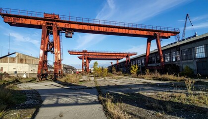 Fototapeta premium Abandoned Industrial Site with Rusty Cranes and Overgrown Pathway