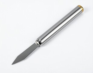 A precise silver knife with a blade extending from a metallic handle, gold-colored end, white background