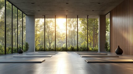 Fototapeta premium Serene Yoga Studio with Natural Light and Peaceful Outdoor View for Mindfulness Practice and Relaxation