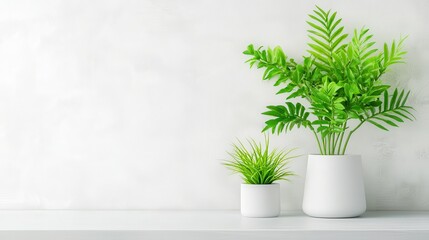 Obraz premium A serene arrangement of lush green plants in white pots against a minimalist background, adding a touch of nature to indoor decor.