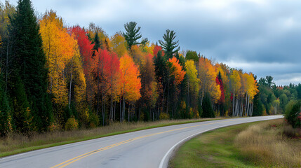 Fototapeta premium Scenic highway curves through forest ablaze with autumnal colors and cloudy sky