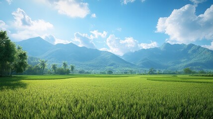 Fototapeta premium Lush Green Rice Field Under Bright Blue Sky with Mountain Landscape and Fluffy White Clouds in Background