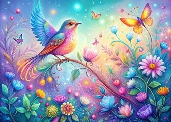 Obraz premium Dreamy Boho Bird & Butterfly Illustration - Whimsical Nature Art for Social Media