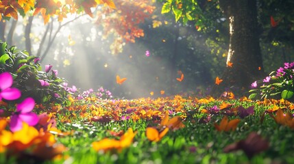 Sun-kissed autumn woodland adorned with wildflowers and ethereal light streams