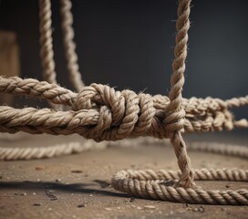 Fototapeta premium Frayed rope, stretched taut, near breaking point , frayed, damage