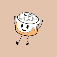 Cute cinnamon roll cartoon character with cream cheese icing happy and jumping