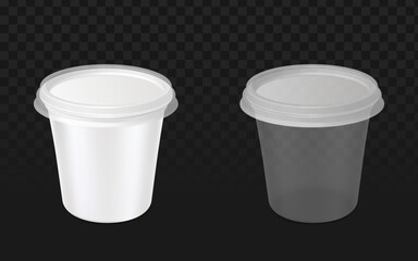Realistic vector graphic of white and transparent plastic tubs with lids. Isolated packaging objects perfect for food, dairy, ice cream, or mockup design projects. Transparent background.