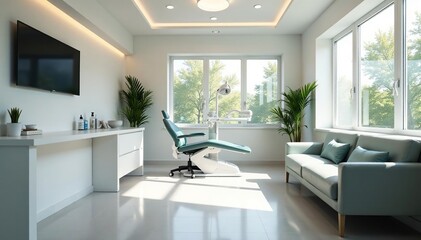 Modern, clean dentist office waiting area with comfortable seating and natural light , contemporary, clean
