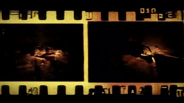 Yellow film burn with lens flares and light leaks, featuring dynamic film rolling and overexposed strips. Retro 16mm and 35mm tape texture in 4K for vintage cinematic effects.