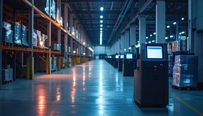 Fototapeta premium Modern Warehouse Interior with Automated Machines and Shelving Units