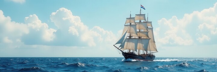 Three-masted clipper ship, full sails, dynamic ocean scene , vintage, exploration