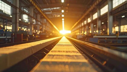 Golden Sunrise Over Factory Floor with Wood Beams and Equipment