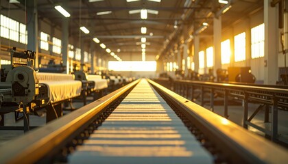 Obraz premium Industrial Factory Interior with Production Line at Sunset Lighting
