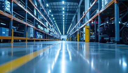 Spacious Modern Warehouse with Bright Lighting and Reflective Floor