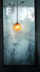 Illuminated sphere pendant against abstract foggy or cloudlike surface backdrop