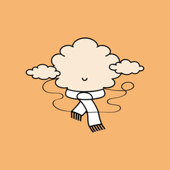 Cute cloud character wearing scarf on light orange background simple design