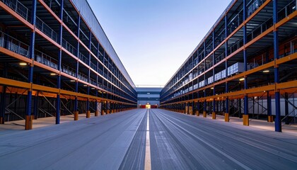 Naklejka premium Bright and Spacious Warehouse Interior with Clear Aisles and Shelves