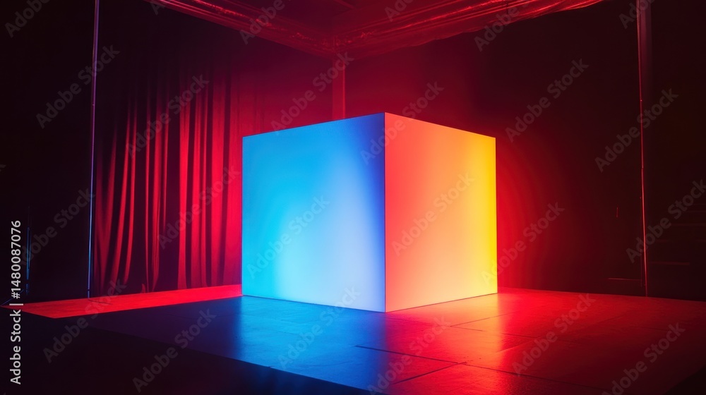 Poster illuminated cube on stage, a vibrant display of color and light