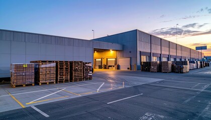Modern warehouse exterior at sunset with pallets and loading dock