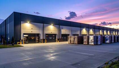 Modern Warehouse with Loading Docks and Colorful Sunset Sky