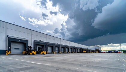Large Warehouse Exterior with Forklifts Under Dramatic Cloudy Sky