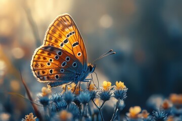 Obraz premium Colorful Butterfly Perched on Delicate Flowers During a Serene Sunset in a Meadow