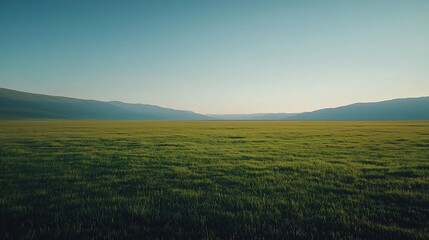 Obraz premium Vast grassy plains stretching to distant mountains under a clear blue sky