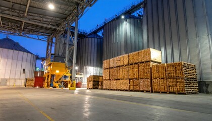 Industrial Storage Facility with Stacked Wood and Grain Silos at Dusk