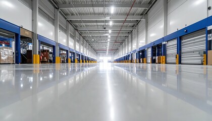 Spacious Modern Warehouse Interior with Bright Reflective Flooring