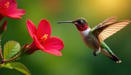 Tiny hummingbird hovers, long beak in vibrant red bloom , bloom, bird, vivid