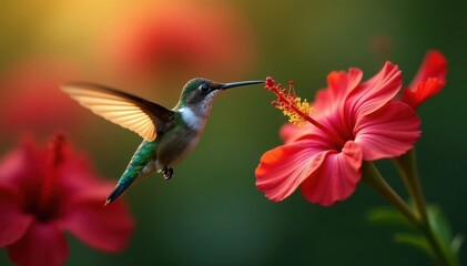 Naklejka premium Tiny hummingbird hovers, long beak in vibrant red bloom , wild, pollination, beak