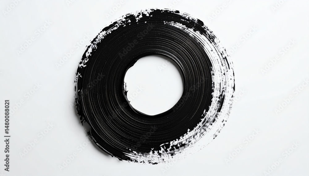 Poster a circular brushstroke of black paint with a textured white edge, creating a striking artistic effec