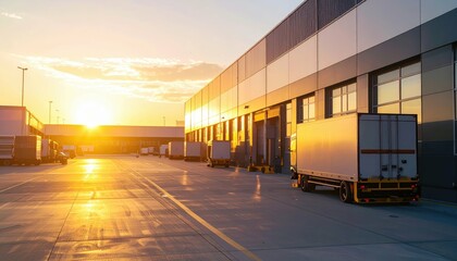 Sunset Over Industrial Warehouse with Trucks at Loading Dock