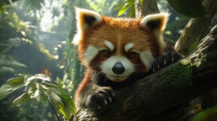 Adorable red panda resting on a tree branch surrounded by lush green foliage in a vibrant jungle setting