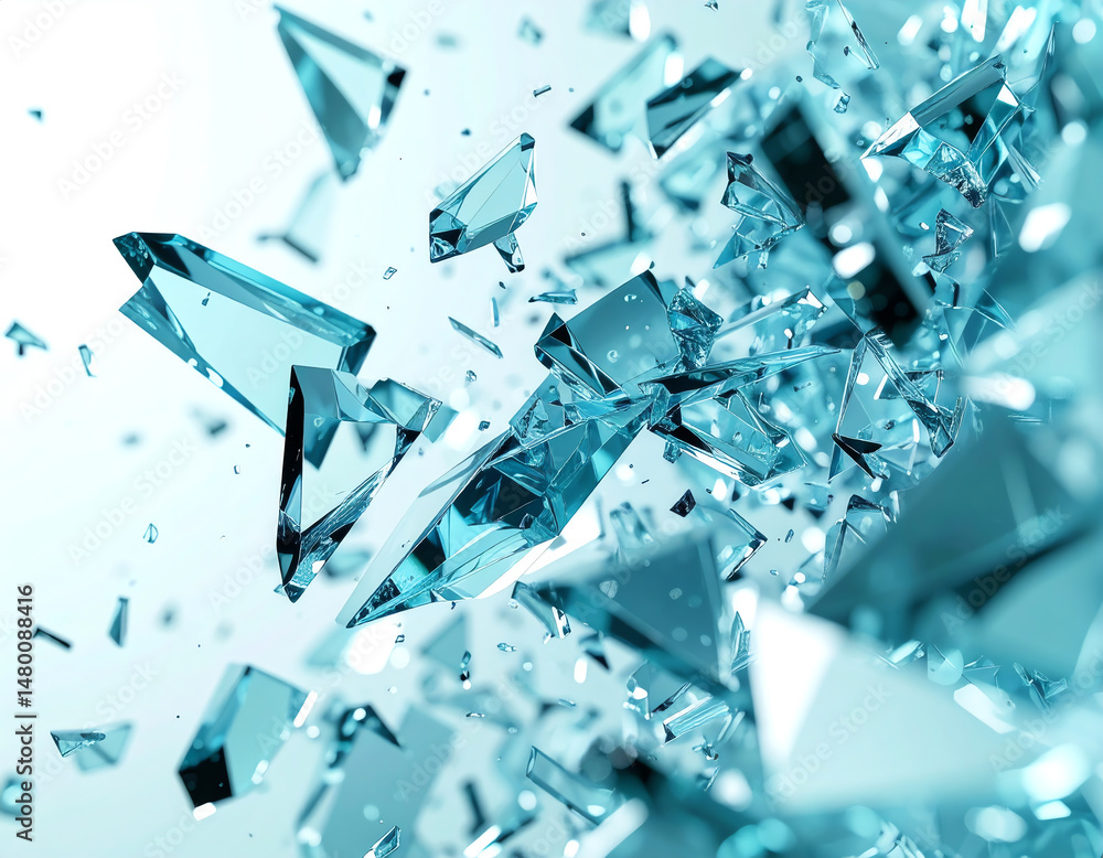 Poster shattered glass pieces scatter in an explosion of light and reflections, creating a stunning visual 
