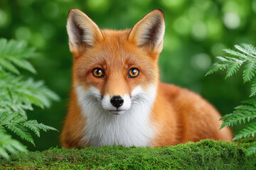 Fototapeta premium Majestic red fox standing alert in a lush green forest surrounded by natural habitat and sunlight filtering through trees