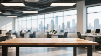 Fototapeta premium Modern coworking office with large windows, sleek furniture, and green plants, blending productivity with urban comfort and natural elements.