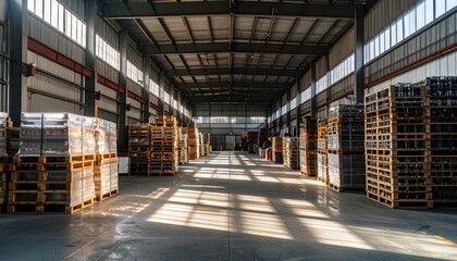 Spacious Warehouse Interior with Pallets and Natural Light Streaming