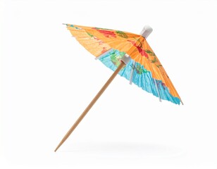 Small decorative paper umbrella with orange and blue patterns against a white background