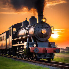 Majestic Vintage Steam Locomotive at Sunset Traveling Through Scenic Countryside