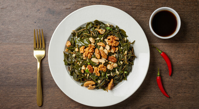 Burmese tea leaf salad (lahpet thoke) with crunchy nuts and fermented tea leaves, clean rustic background