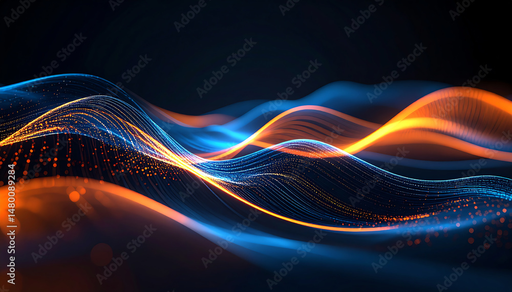 Poster abstract digital waves in vibrant blue and orange hues create a dynamic visual effect, evoking energ
