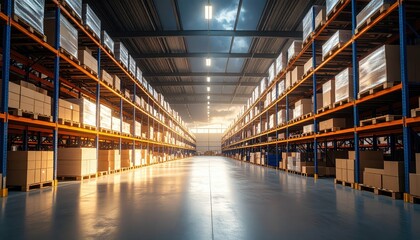 Spacious Warehouse Interior with Sunlight and Organized Shelves