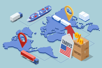 Isometric showing rising US import tariffs, affecting global logistics with plane, cargo ship, truck, and map route symbolising Import tariffs, trade war and economic conflict