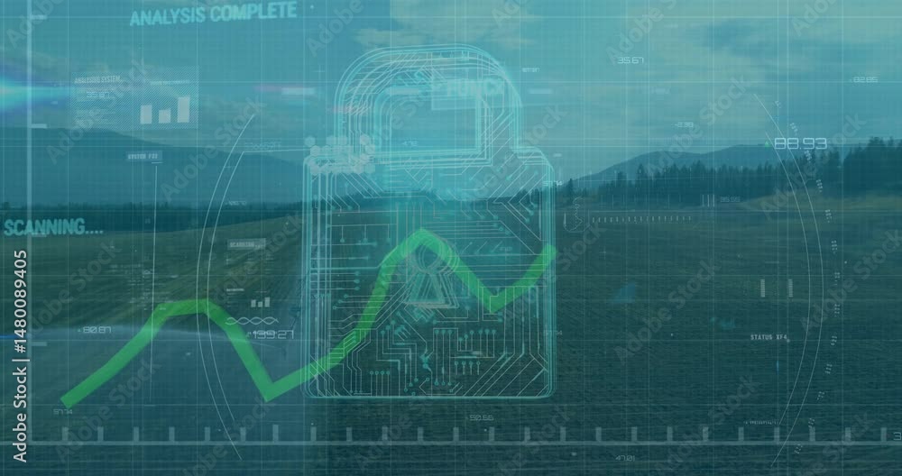 Poster circuit padlock floating over tilled land displaying grid and data bars green arrow trending upward